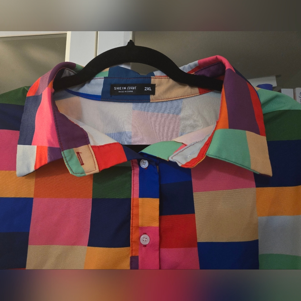 Colourful Checkered/Plaid Button-Up Short Sleeve Shirt with Collar - Picture 10 of 11